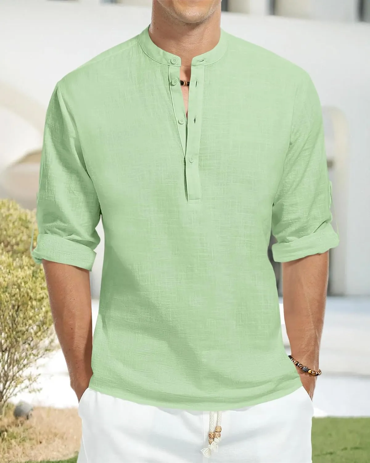 Men's Linen Shirts Long Sleeve Button Down Henley Shirts Casual Solid Band Collar Beach Shirt