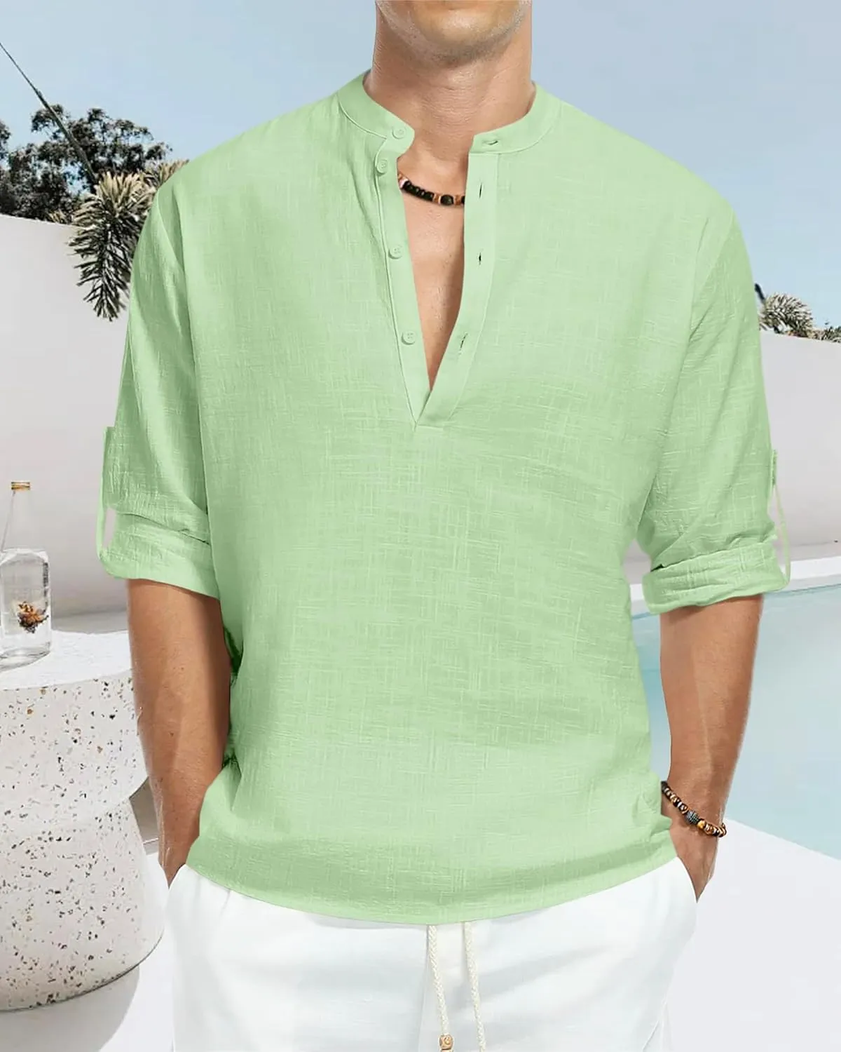 Men's Linen Shirts Long Sleeve Button Down Henley Shirts Casual Solid Band Collar Beach Shirt