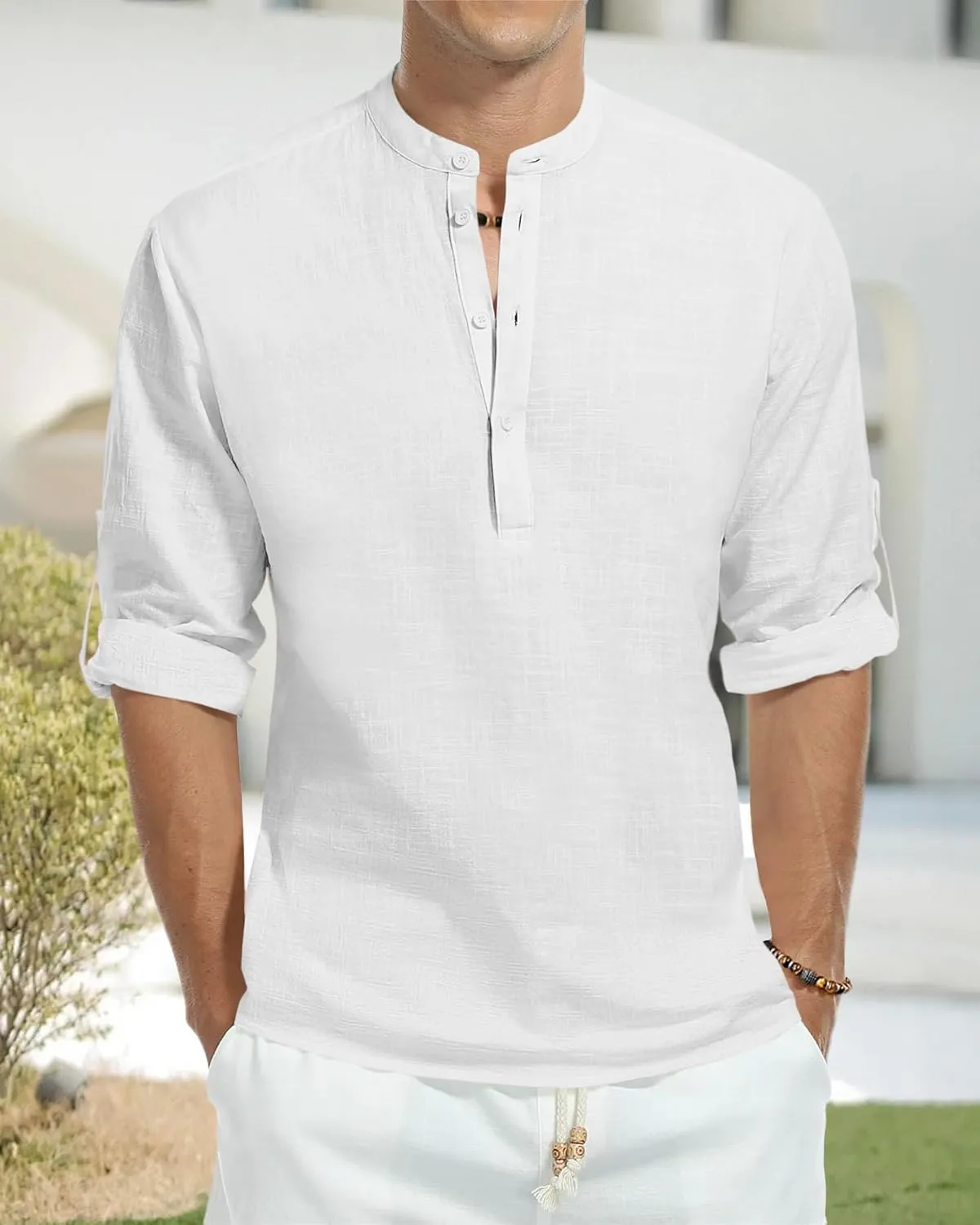 Men's Linen Shirts Long Sleeve Button Down Henley Shirts Casual Solid Band Collar Beach Shirt