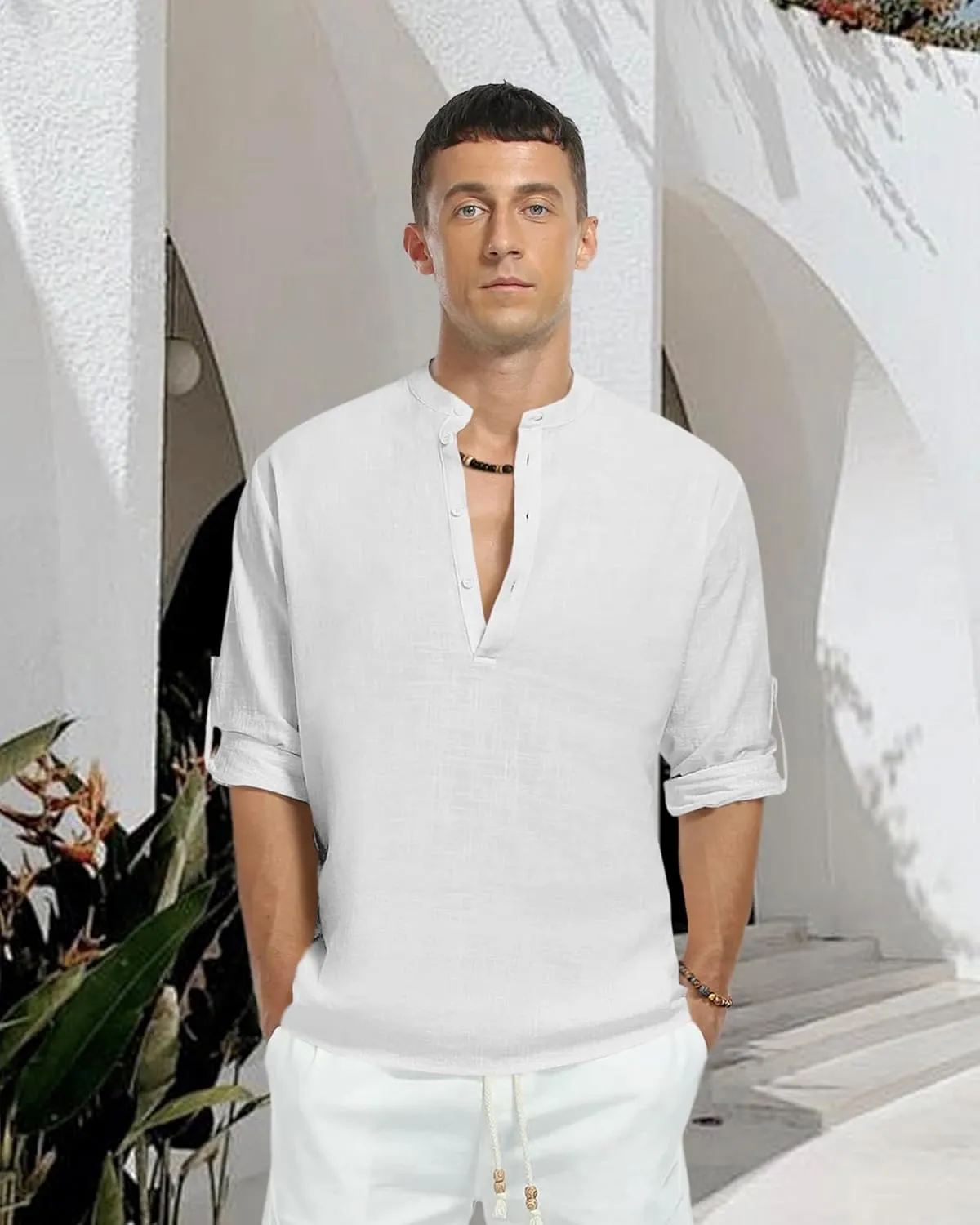 Men's Linen Shirts Long Sleeve Button Down Henley Shirts Casual Solid Band Collar Beach Shirt