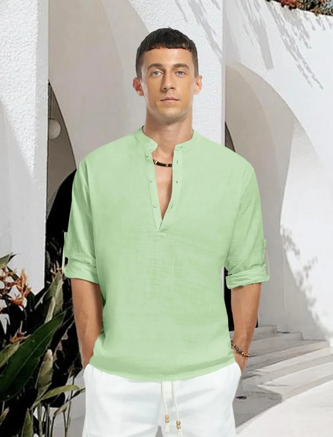 Men's Linen Shirts Long Sleeve Button Down Henley Shirts Casual Solid Band Collar Beach Shirt