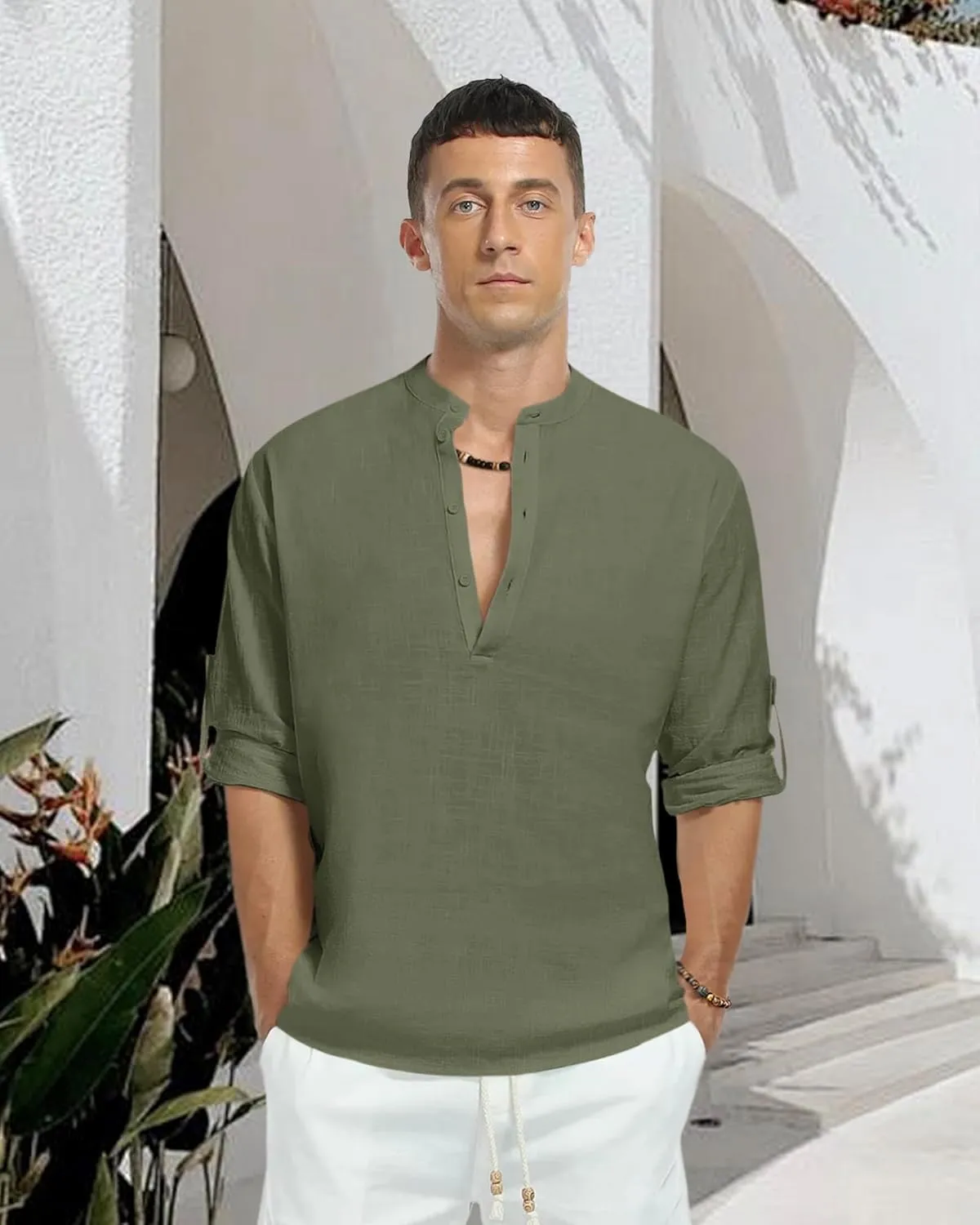 Men's Linen Shirts Long Sleeve Button Down Henley Shirts Casual Solid Band Collar Beach Shirt