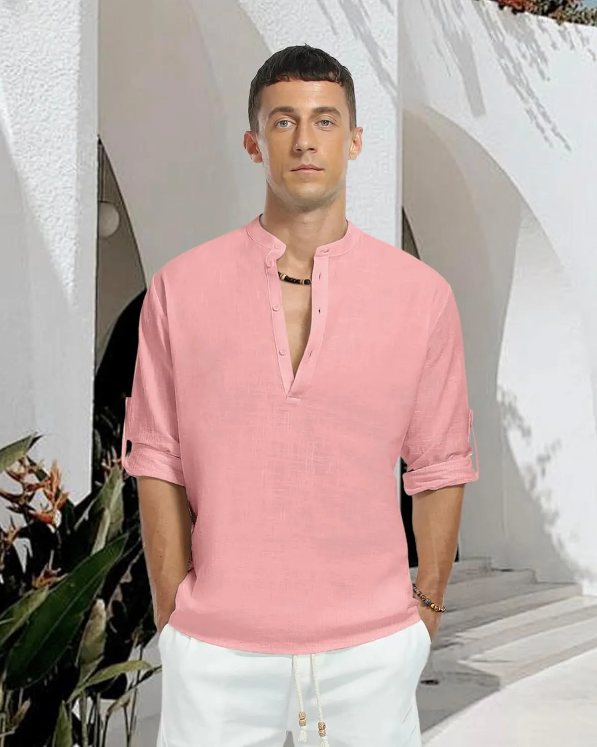 Men's Linen Shirts Long Sleeve Button Down Henley Shirts Casual Solid Band Collar Beach Shirt