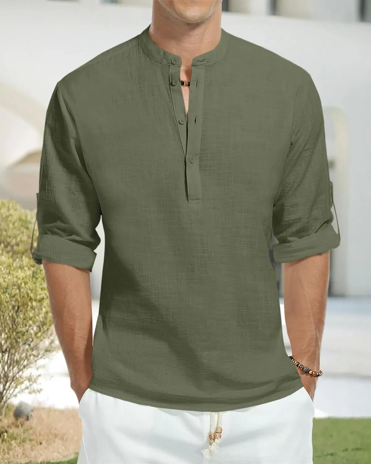 Men's Linen Shirts Long Sleeve Button Down Henley Shirts Casual Solid Band Collar Beach Shirt