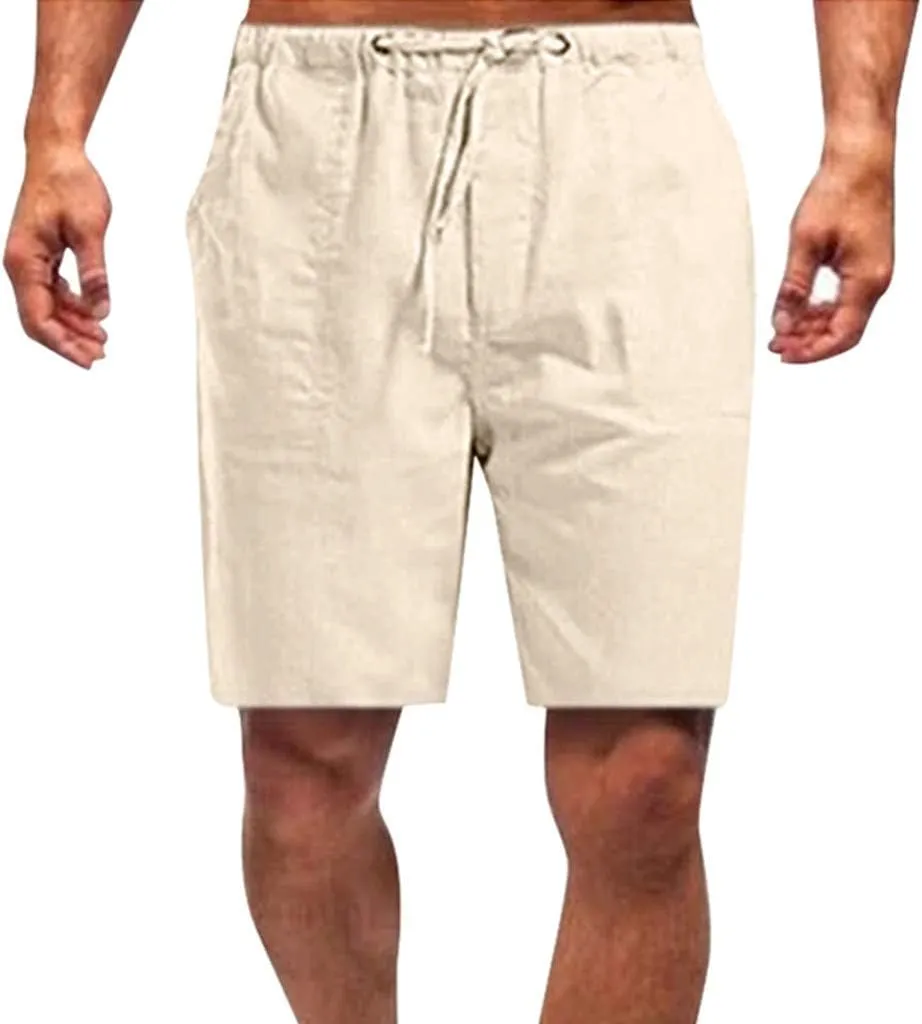 Mens Linen Shorts Elastic Waist Drawstring Wide Leg Bermuda Shorts for Men Loose Fit Lightweight Summer Beach Shorts