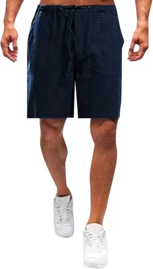 Mens Linen Shorts Elastic Waist Drawstring Wide Leg Bermuda Shorts for Men Loose Fit Lightweight Summer Beach Shorts