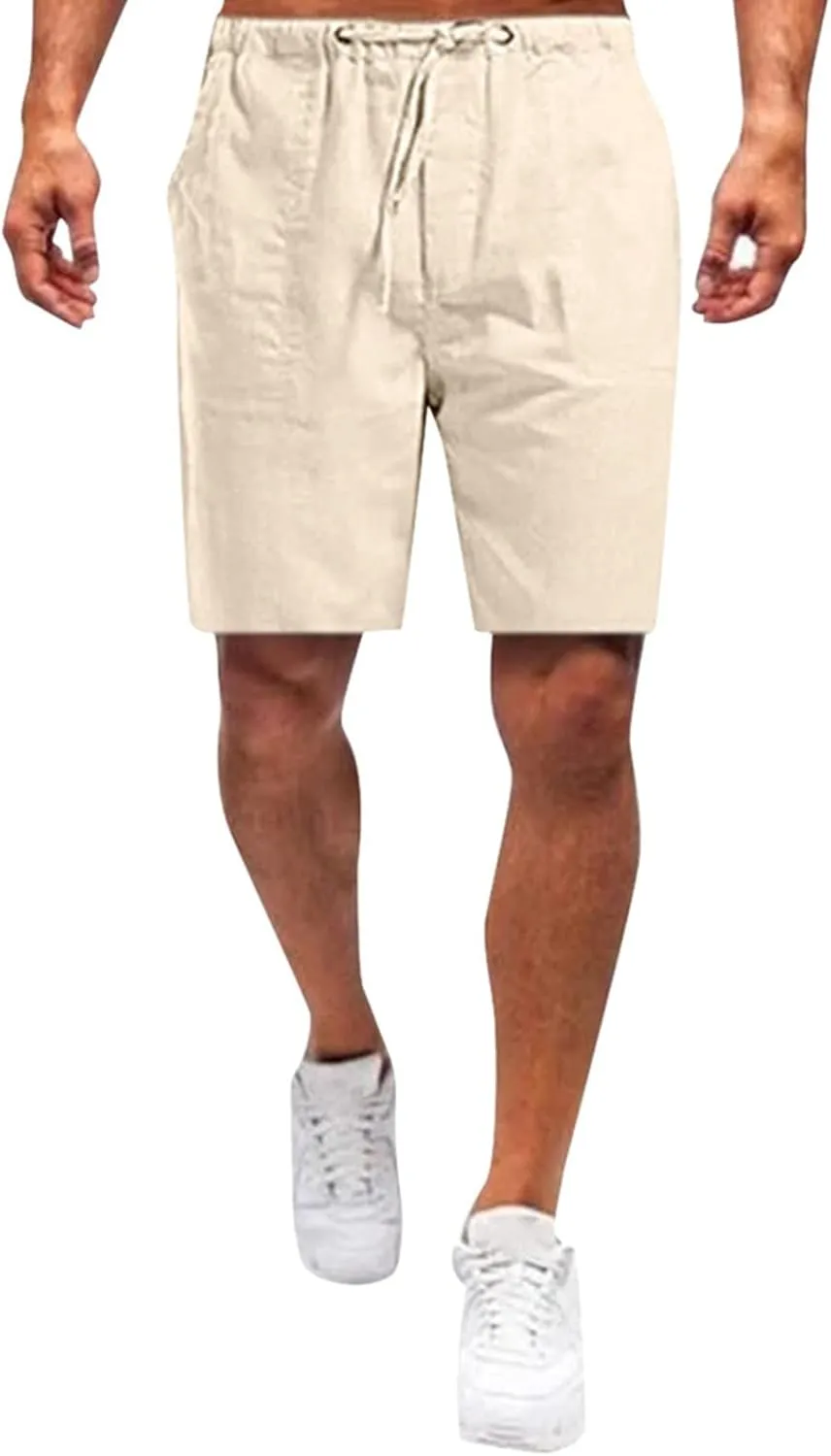Mens Linen Shorts Elastic Waist Drawstring Wide Leg Bermuda Shorts for Men Loose Fit Lightweight Summer Beach Shorts
