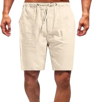 Mens Linen Shorts Elastic Waist Drawstring Wide Leg Bermuda Shorts for Men Loose Fit Lightweight Summer Beach Shorts