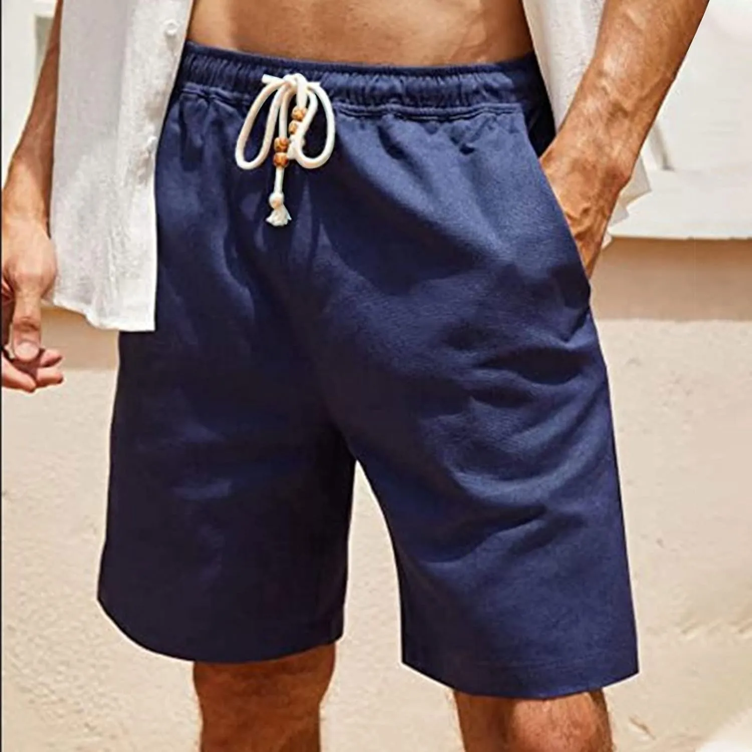 Men's Linen Shorts Loose Fit Summer Beach Shorts Elastic Waist Drawstring Casual Shorts Big and Tall Short Pants