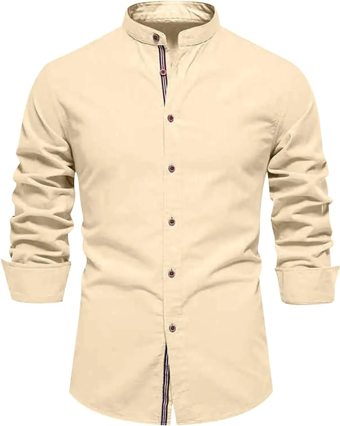 Mens Long Sleeve Cotton Linen T-Shirt Button Down Band Collar Beach Tops Casual Button Up Summer Oxford Dress Shirt