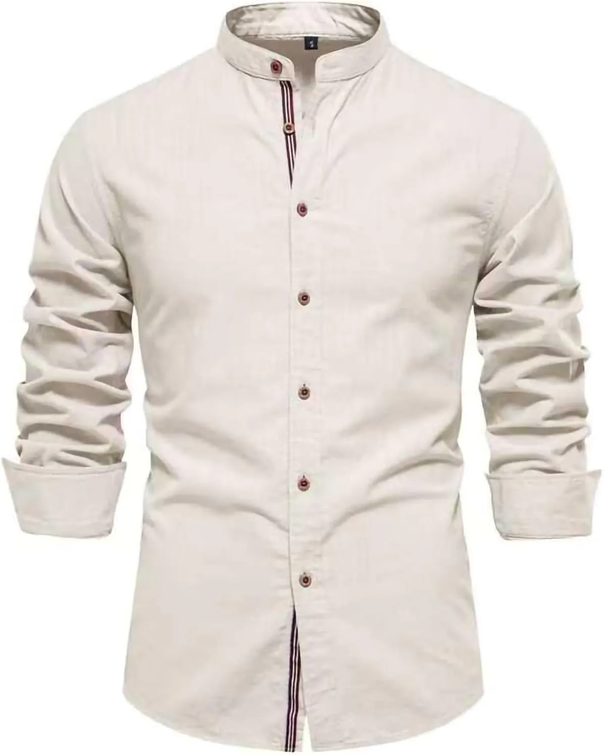 Mens Long Sleeve Cotton Linen T-Shirt Button Down Band Collar Beach Tops Casual Button Up Summer Oxford Dress Shirt