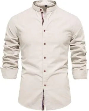Mens Long Sleeve Cotton Linen T-Shirt Button Down Band Collar Beach Tops Casual Button Up Summer Oxford Dress Shirt