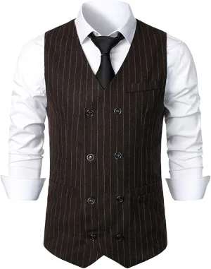 Mens Pinstripe Business Suit Vest Slim Fit Formal Dress Tuxedo Waistcoat Double-Breasted Stripes Wedding Dress Vest