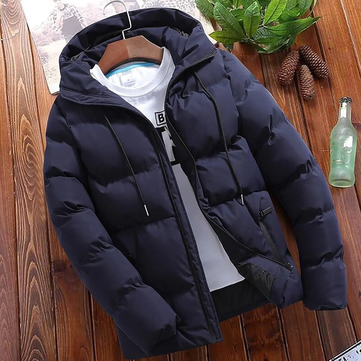 Mens Puffer Jacket Plus Size Winter Warm Thickened Hooded Down Coat with Drawstring Lightweight Packable Hunting Top