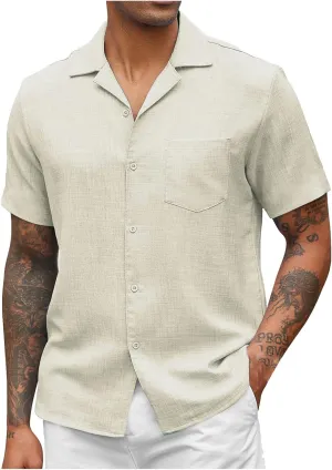 Mens Shirts Casual Short Sleeve Button Down Linen Shirts No Tuck Dress Tee Shirt Fashion Beach Resort Wear