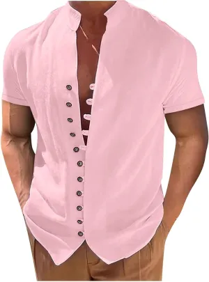 Mens Short Sleeve Linen Shirt Button Up Loose Fit Vintage Shirts Banded Collar Solid Color Tops Casual Summer Beach Shirts