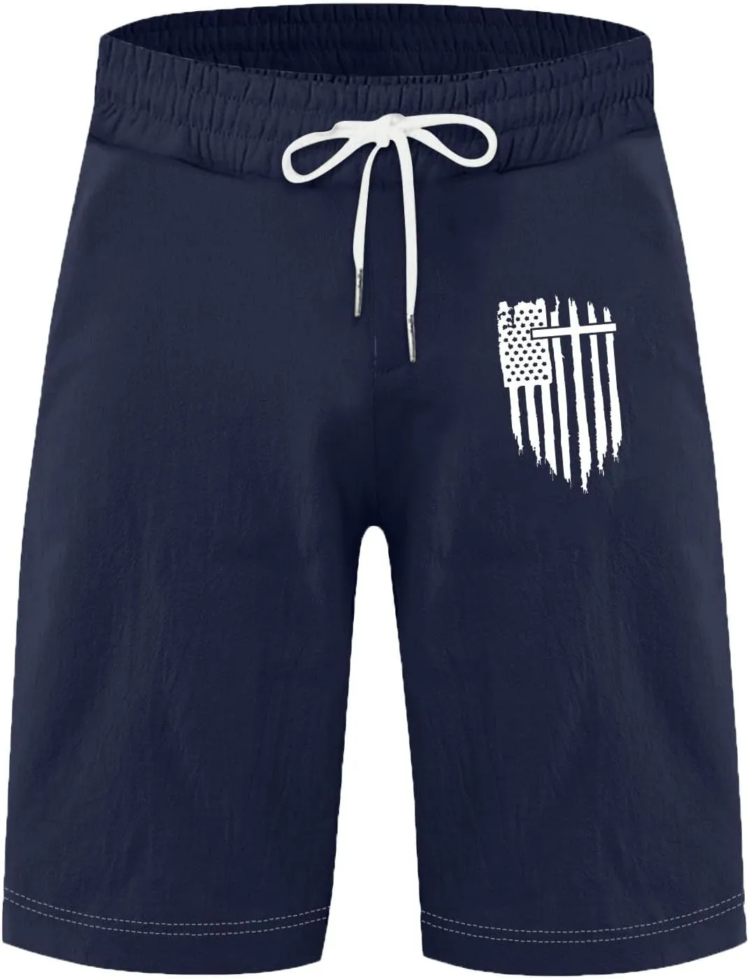 Men's Shorts Casual Drawstring Shorts with USA Flag Patch Elastic Waist Summer Loose Fit Beach Shorts with Pockets