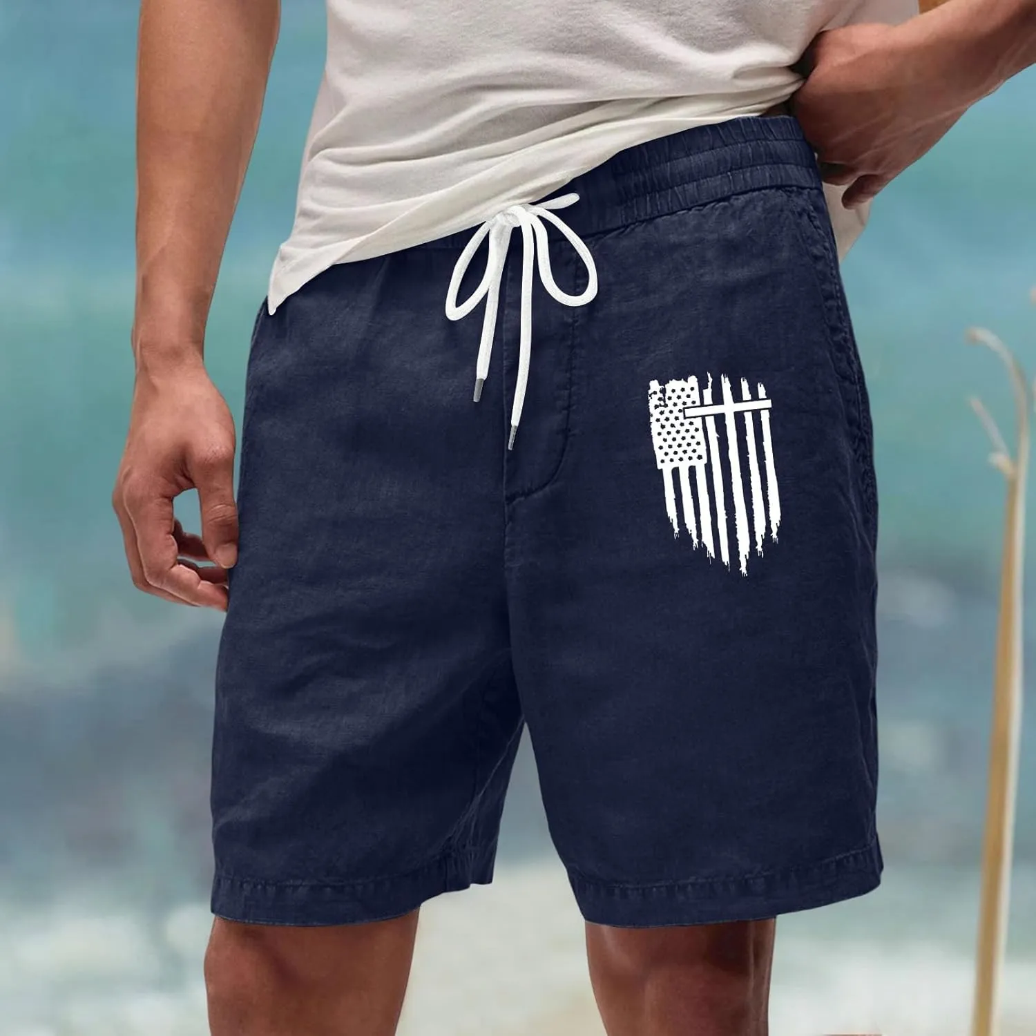 Men's Shorts Casual Drawstring Shorts with USA Flag Patch Elastic Waist Summer Loose Fit Beach Shorts with Pockets