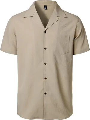 Men's Stretch Cuban Collar Shirt Summer Lightweight Short Sleeve Button Down Shirts with Pocket for Beach Vacation