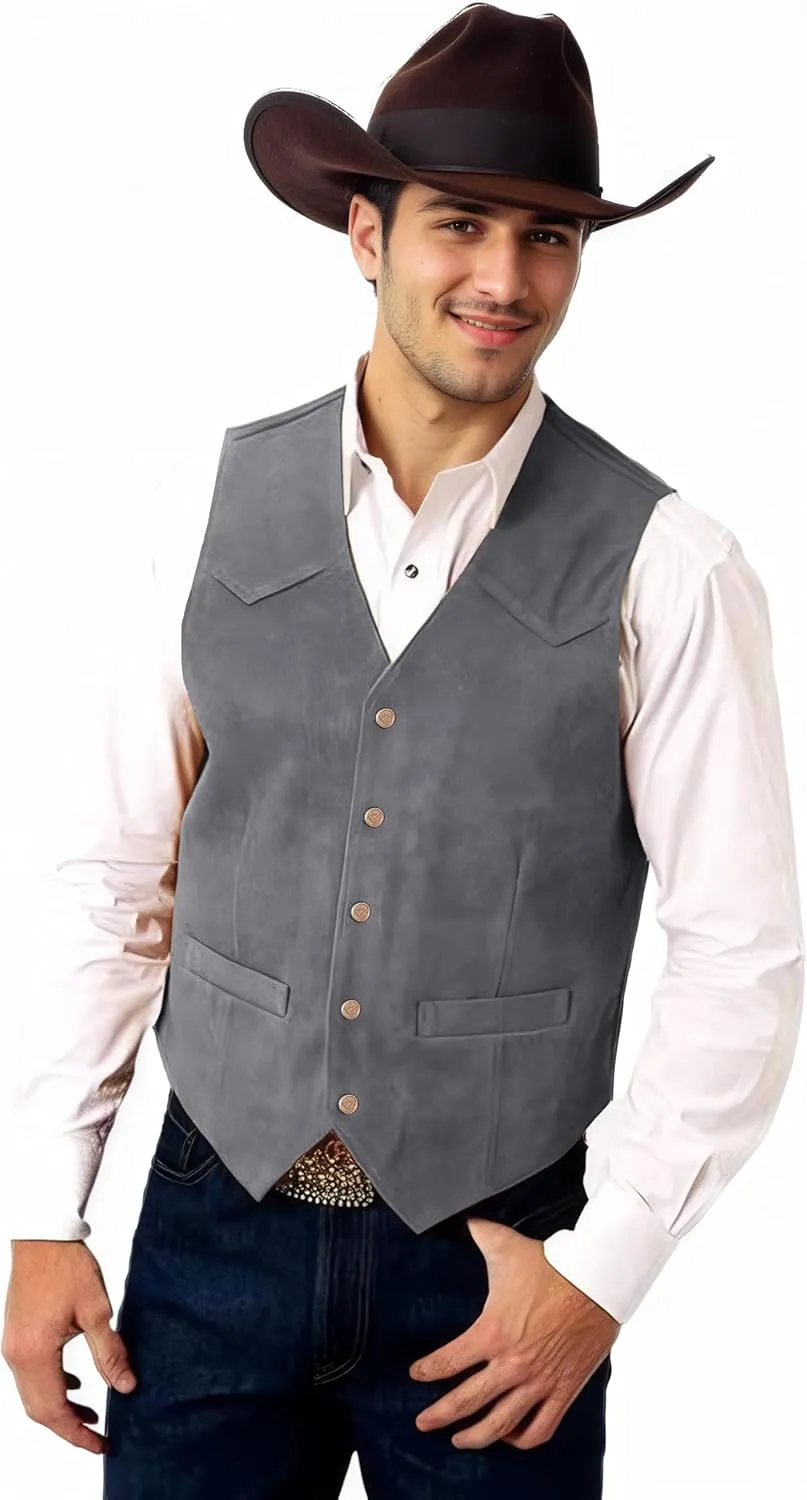Men's Suede Leather Vest Casual Cowboy Western Vests Mens Waistcoat