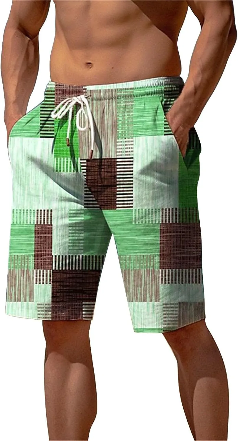 Mens Summer Plaid Printed Beach Shorts Loose Fit Straight Leg Casual Shorts Elastic Waist Drawstring Stylish Board Shorts