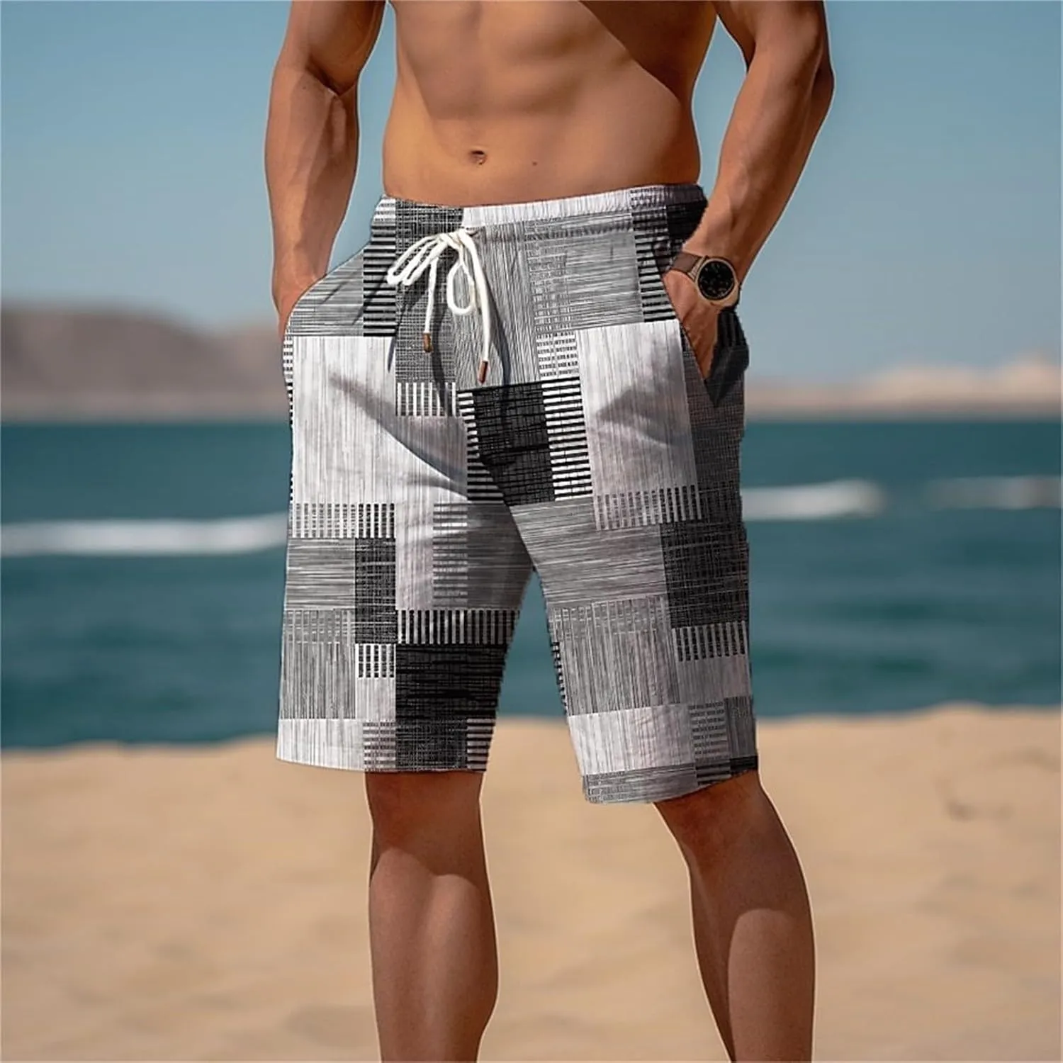 Mens Summer Plaid Printed Beach Shorts Loose Fit Straight Leg Casual Shorts Elastic Waist Drawstring Stylish Board Shorts
