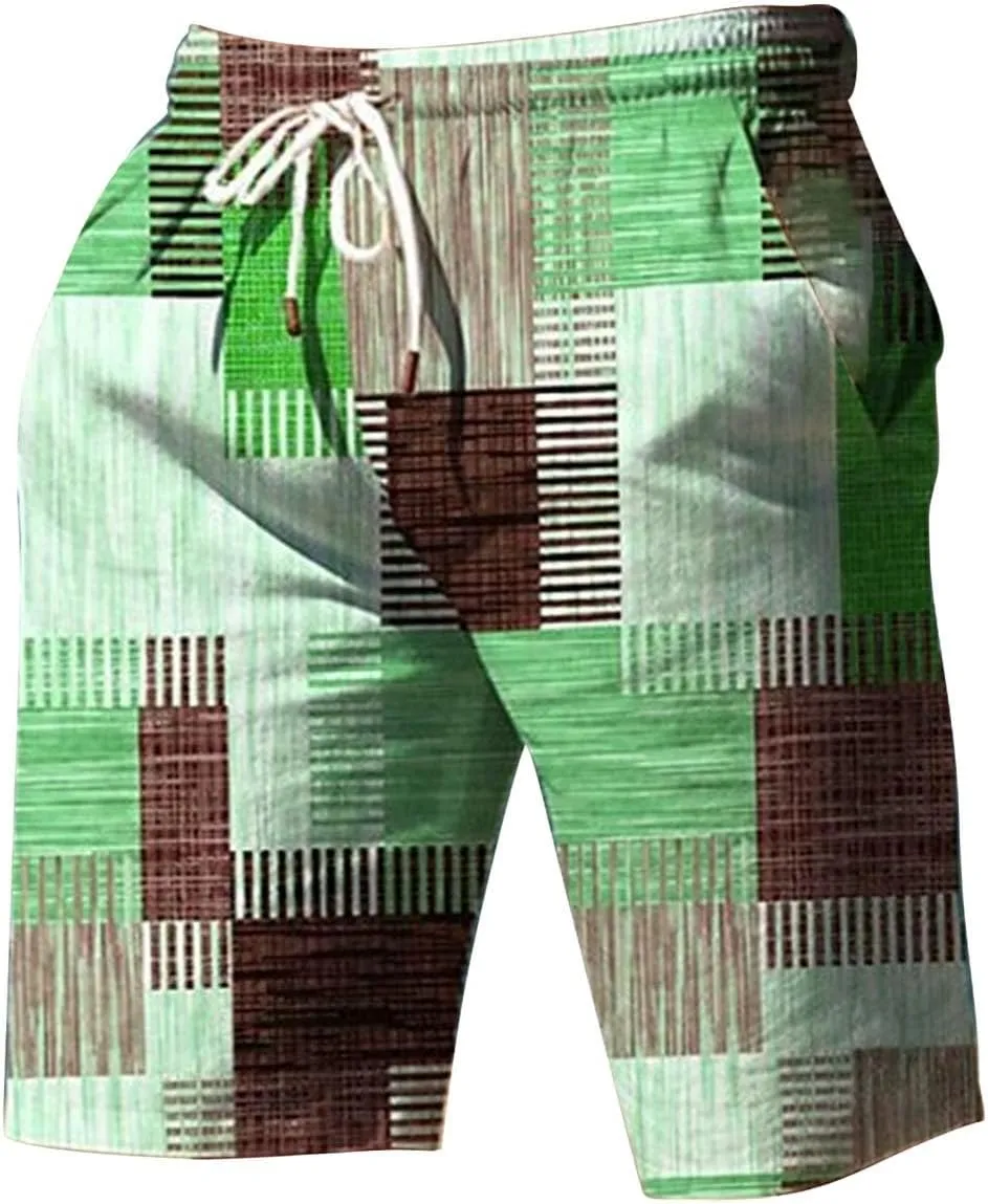 Mens Summer Plaid Printed Beach Shorts Loose Fit Straight Leg Casual Shorts Elastic Waist Drawstring Stylish Board Shorts