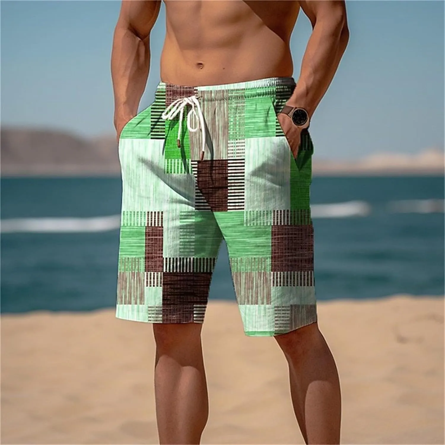 Mens Summer Plaid Printed Beach Shorts Loose Fit Straight Leg Casual Shorts Elastic Waist Drawstring Stylish Board Shorts
