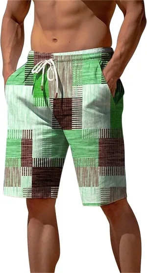 Mens Summer Plaid Printed Beach Shorts Loose Fit Straight Leg Casual Shorts Elastic Waist Drawstring Stylish Board Shorts
