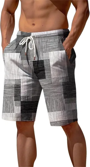 Mens Summer Plaid Printed Beach Shorts Loose Fit Straight Leg Casual Shorts Elastic Waist Drawstring Stylish Board Shorts