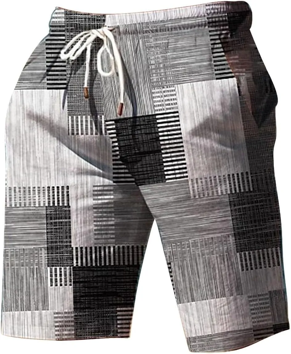 Mens Summer Plaid Printed Beach Shorts Loose Fit Straight Leg Casual Shorts Elastic Waist Drawstring Stylish Board Shorts