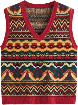 Men's Tribal Print Sweater Vests V Neck Sleeveless Knitted Tank Tops Streetwear