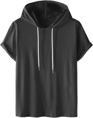 Mens Tshirts Cotton Short Sleeve Causal Hooded Shirts Lightweight Solid Athletic Workout Tops Drawstring Hoodies