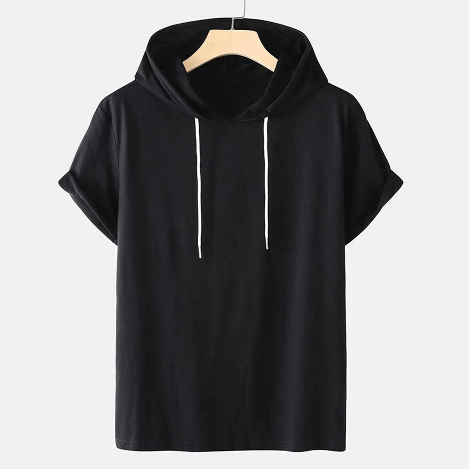 Mens Tshirts Cotton Short Sleeve Causal Hooded Shirts Lightweight Solid Athletic Workout Tops Drawstring Hoodies