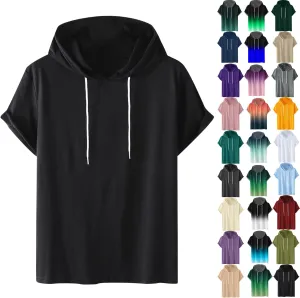Mens Tshirts Cotton Short Sleeve Causal Hooded Shirts Lightweight Solid Athletic Workout Tops Drawstring Hoodies