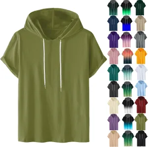 Mens Tshirts Cotton Short Sleeve Causal Hooded Shirts Lightweight Solid Athletic Workout Tops Drawstring Hoodies