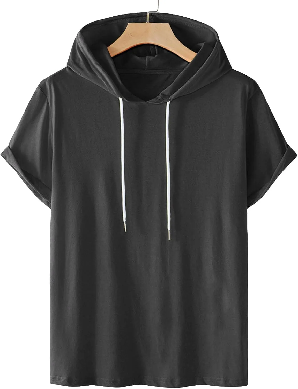 Mens Tshirts Cotton Short Sleeve Causal Hooded Shirts Lightweight Solid Athletic Workout Tops Drawstring Hoodies