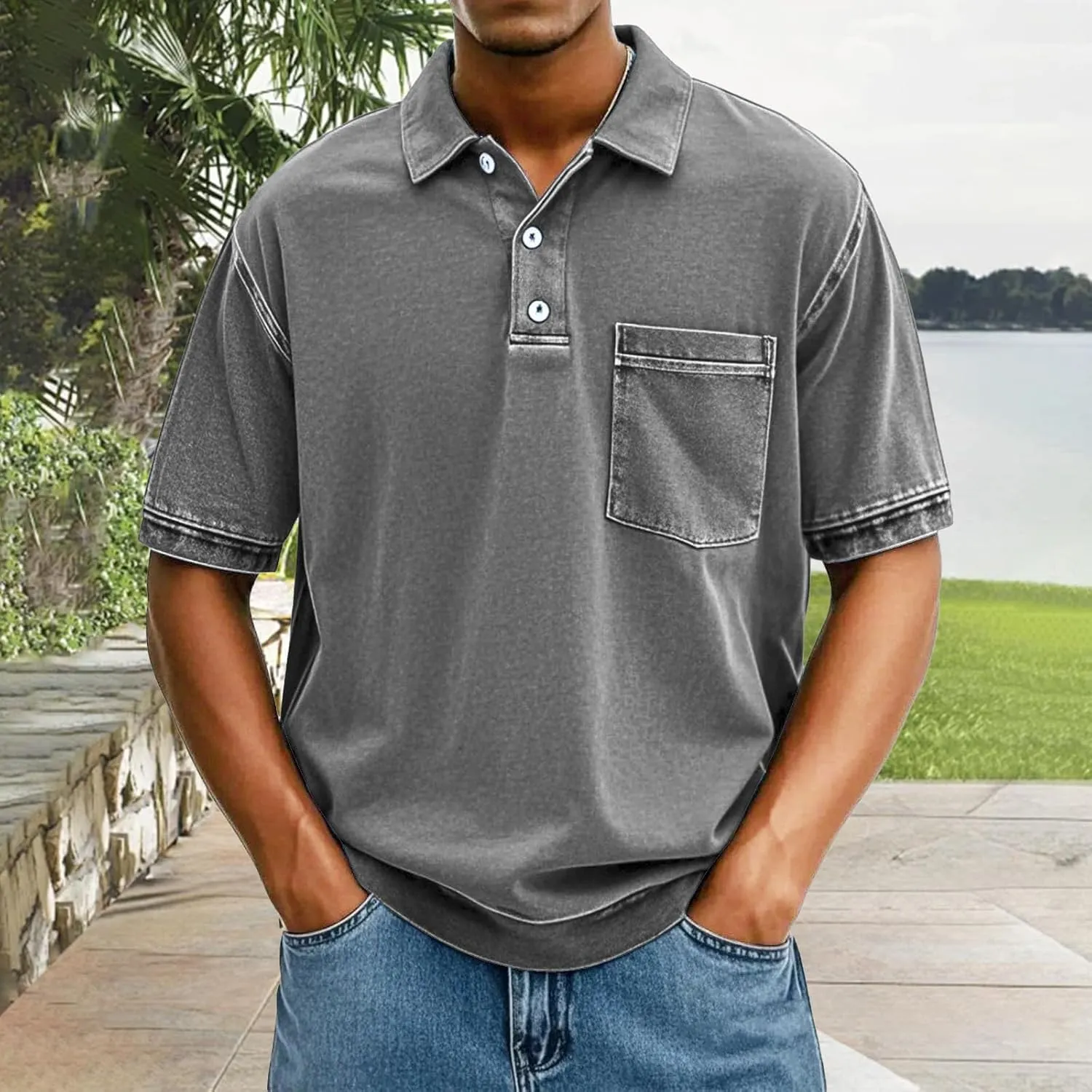 Mens Vintage Polo Shirts 3D Printing Pullover Shirts Classic Fit Lapel Button Tops Summer Casual Retro Distressed Top