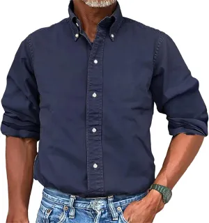 Mens Vintage Premium Washed Button Down Shirts Casual Long Sleeve Lapel Solid Business Urban Dress Shirts for Men