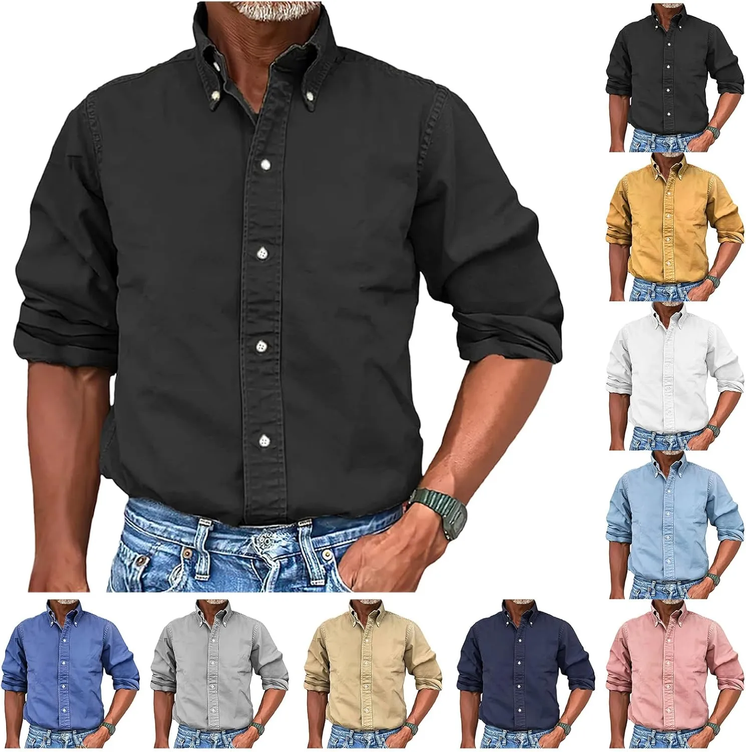 Mens Vintage Premium Washed Button Down Shirts Casual Long Sleeve Lapel Solid Business Urban Dress Shirts for Men