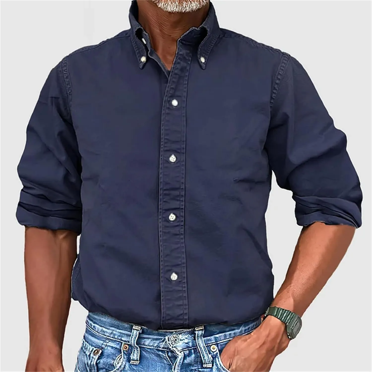 Mens Vintage Premium Washed Button Down Shirts Casual Long Sleeve Lapel Solid Business Urban Dress Shirts for Men