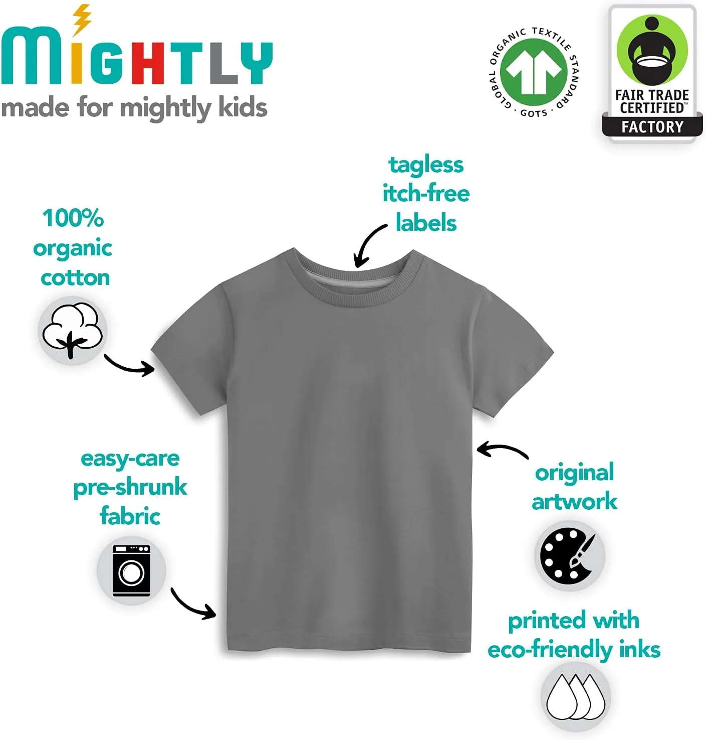 Mightly Girls' Crewneck Short Sleeve T Shirts | 100% Organic Cotton, Colorful Casual Clothes, Soft & Basic Crewneck Tee