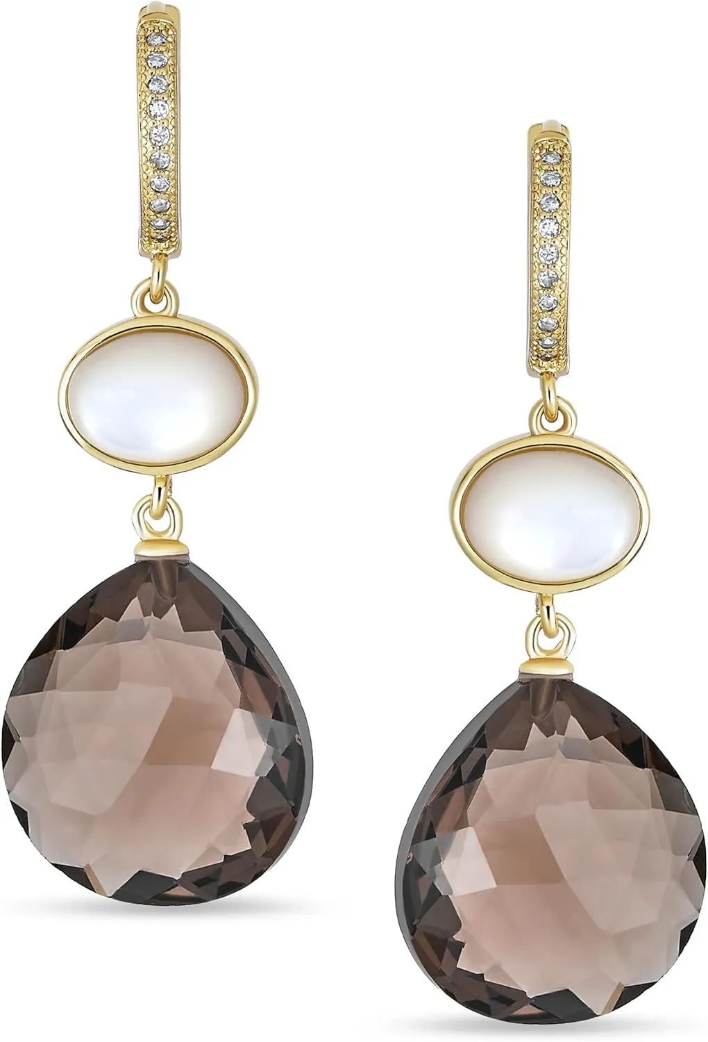 Modern Elegant Gemometric Gemstone Dusty Rose Crystal Accent Natural Briolette Purple Amethyst Faceted Oval Dangle Earrings For Women 14K Yellow Gold Plated