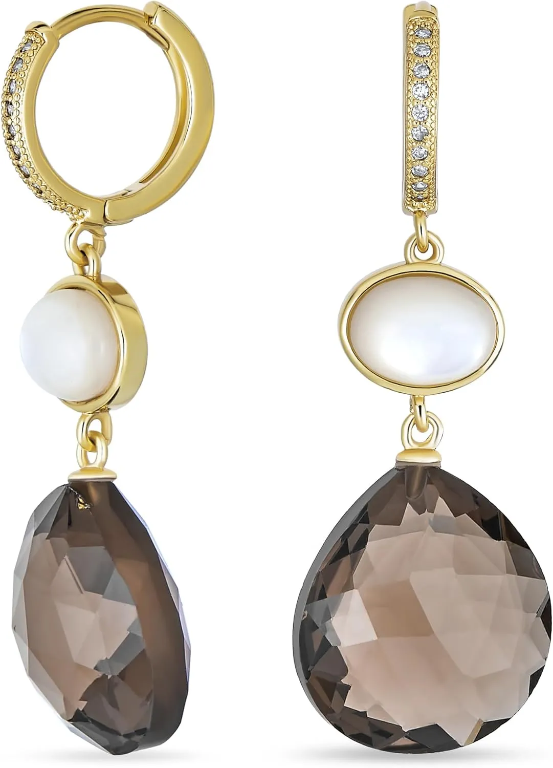 Modern Elegant Gemometric Gemstone Dusty Rose Crystal Accent Natural Briolette Purple Amethyst Faceted Oval Dangle Earrings For Women 14K Yellow Gold Plated