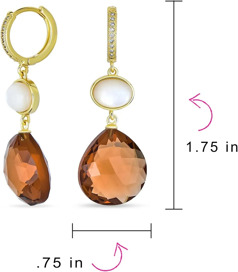 Modern Elegant Gemometric Gemstone Dusty Rose Crystal Accent Natural Briolette Purple Amethyst Faceted Oval Dangle Earrings For Women 14K Yellow Gold Plated