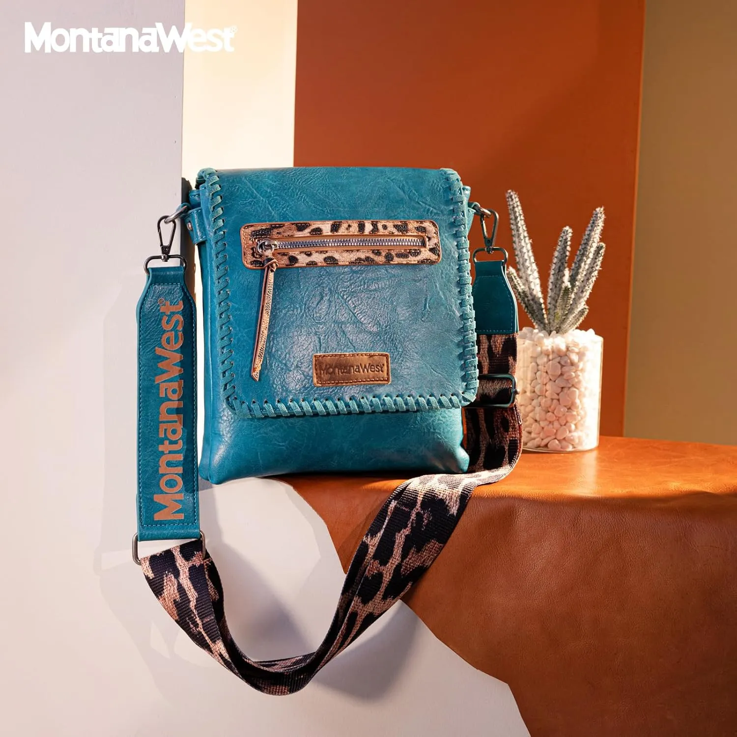 Montana West Crossbody Bags for Women with Dual Compartments Western Cross Body Purse with Leopard Print Guitar Strap
