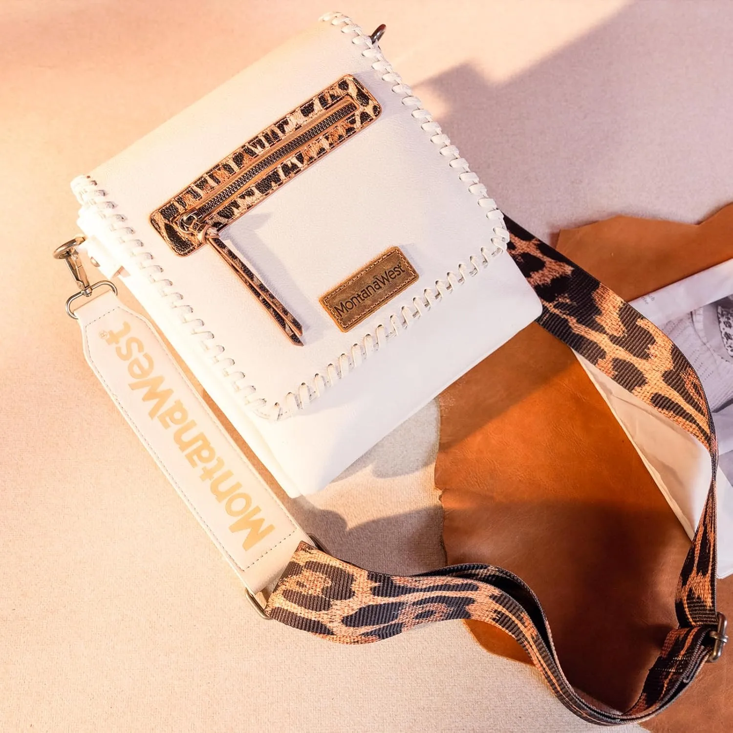 Montana West Crossbody Bags for Women with Dual Compartments Western Cross Body Purse with Leopard Print Guitar Strap