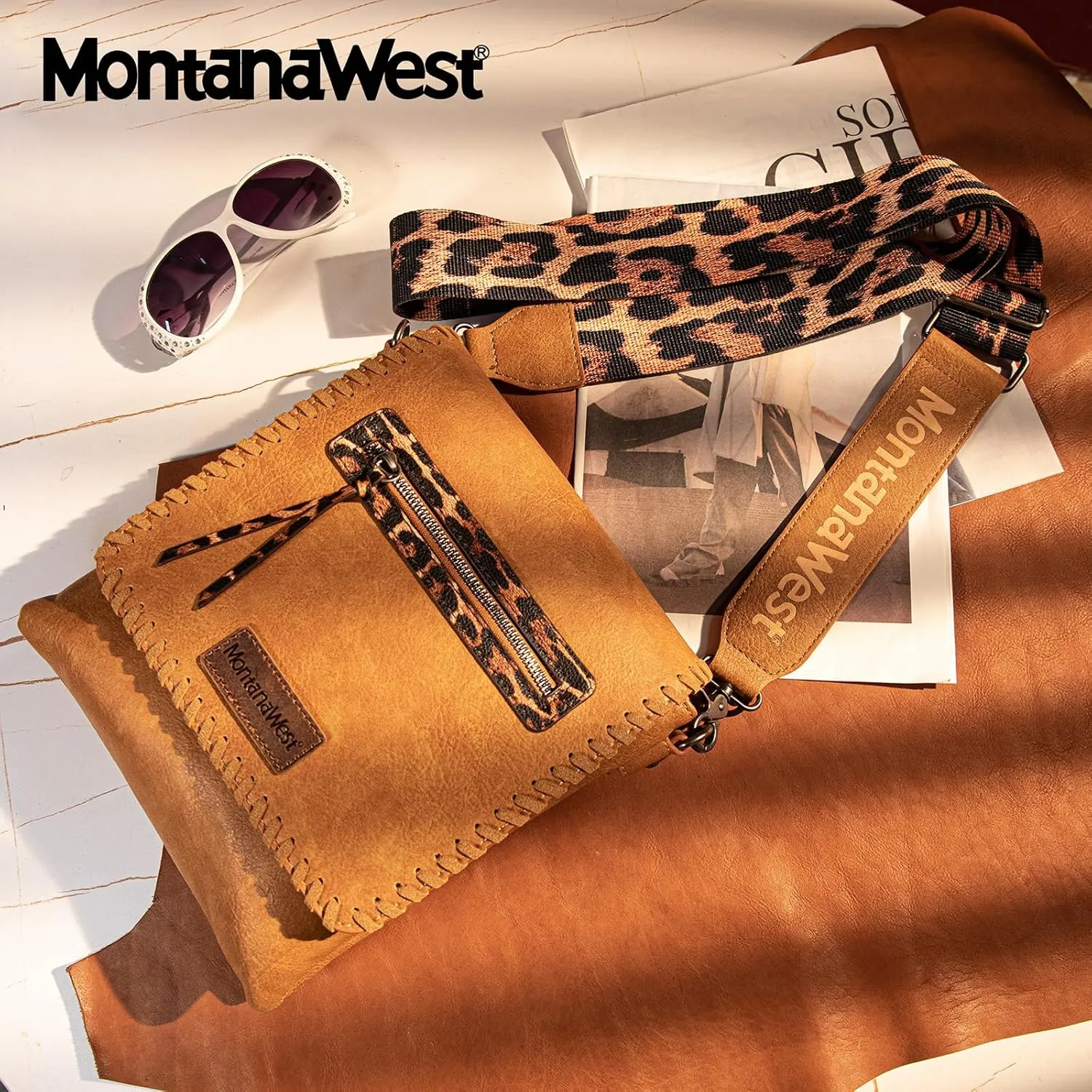 Montana West Crossbody Bags for Women with Dual Compartments Western Cross Body Purse with Leopard Print Guitar Strap