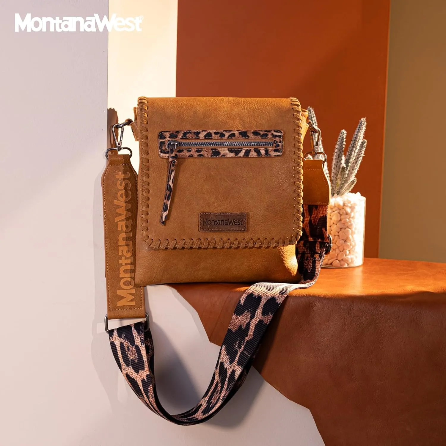 Montana West Crossbody Bags for Women with Dual Compartments Western Cross Body Purse with Leopard Print Guitar Strap