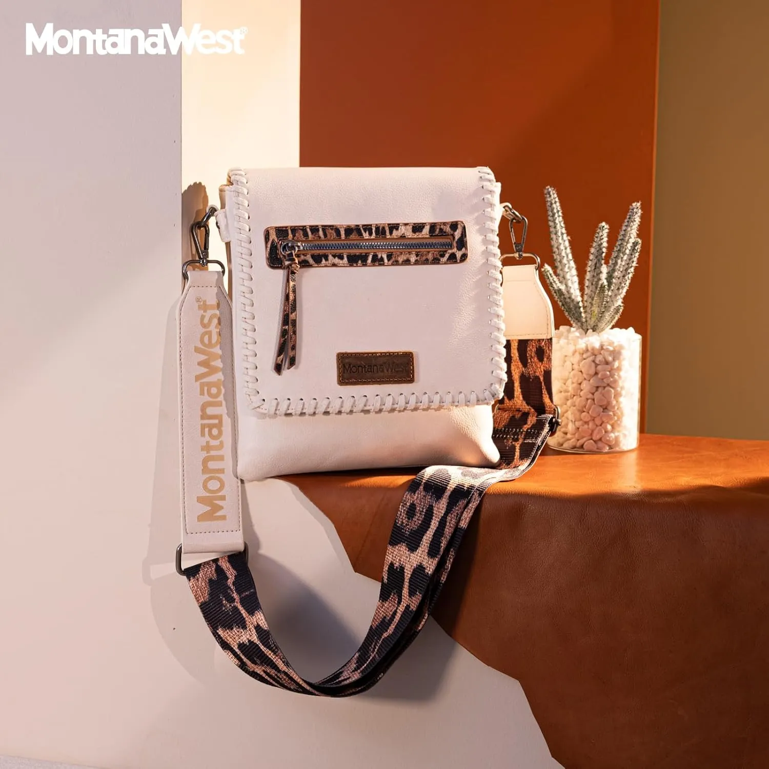 Montana West Crossbody Bags for Women with Dual Compartments Western Cross Body Purse with Leopard Print Guitar Strap